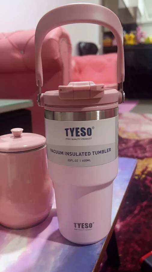 TYESO Tumbler 600ml pink dengan pemegang dan straw
